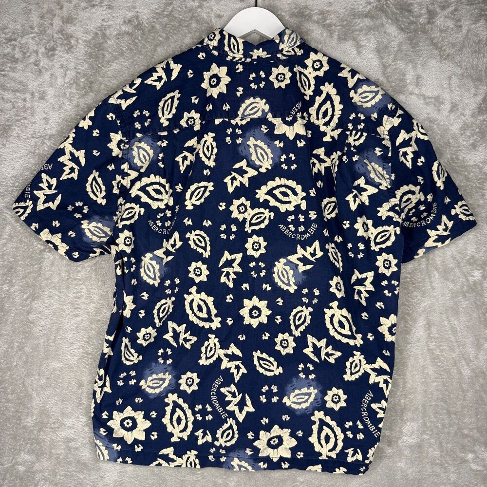 Vtg 90s Abercrombie & Fitch Hawaiian Shirt Mens Large Blue Floral Wood Buttons - Picture 2 of 11